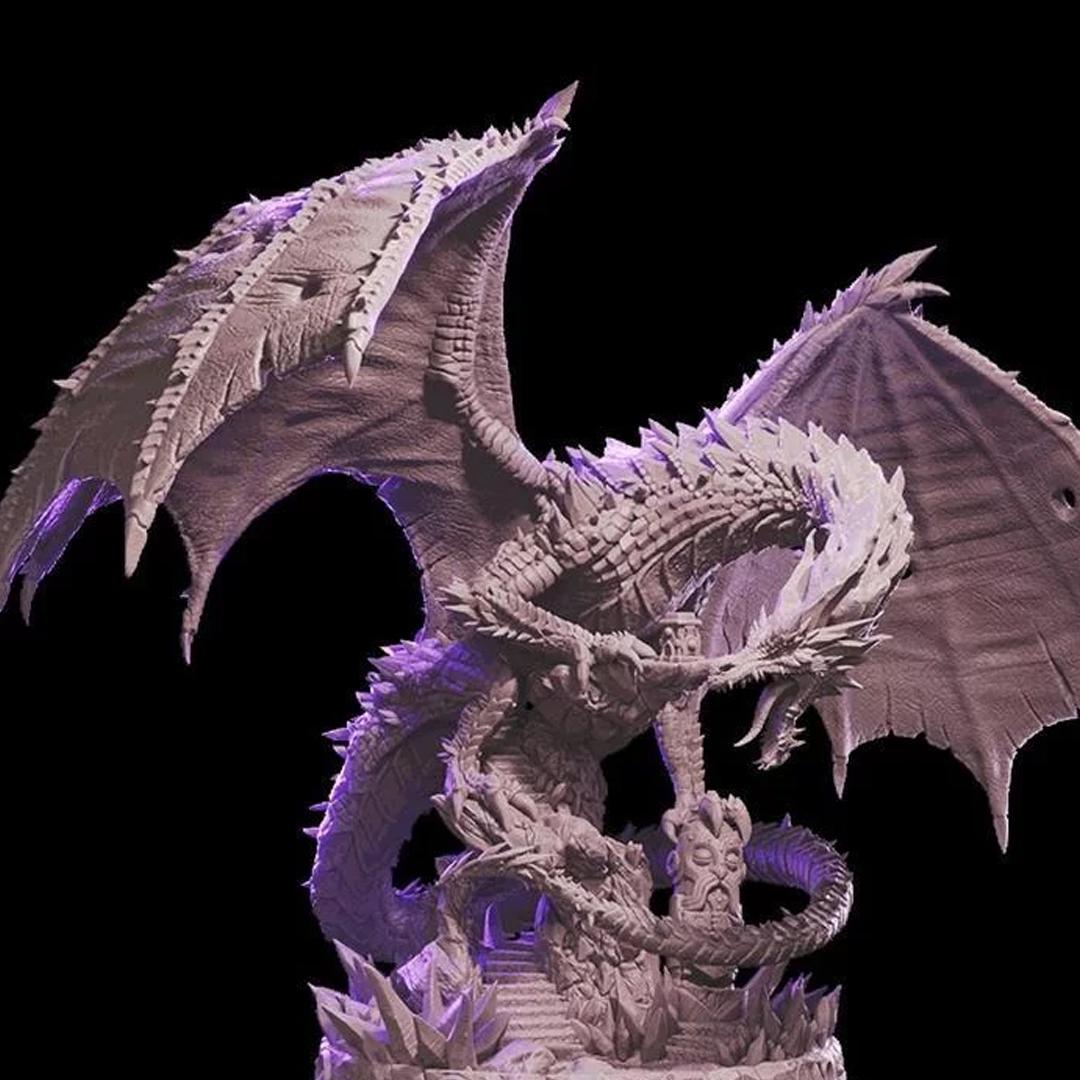 A detailed 3D-rendered dragon figurine or collectible model with spread wings and a sculpted base, shown against a solid black background.