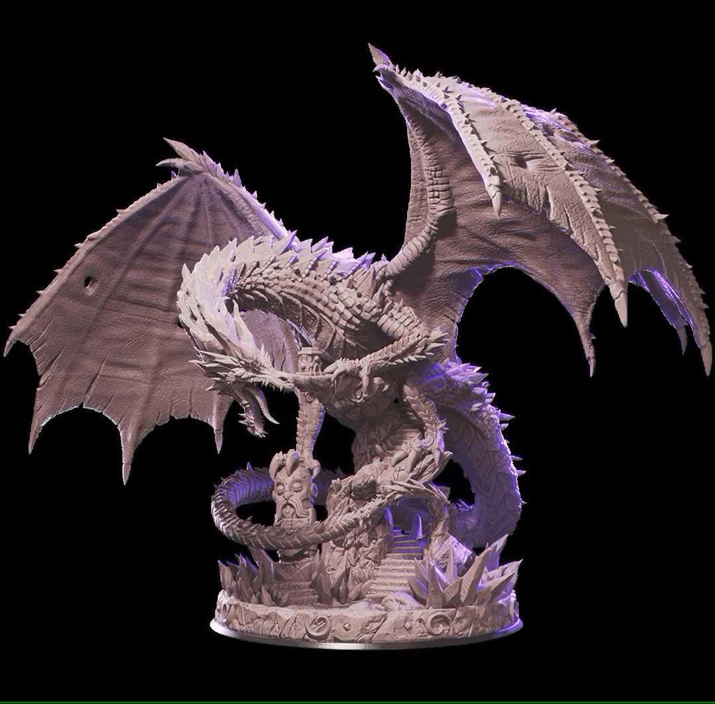 An unpainted fantasy dragon figurine on a circular base, shown against a solid black background. The dragon has detailed scales, large wings, and a coiled posture.