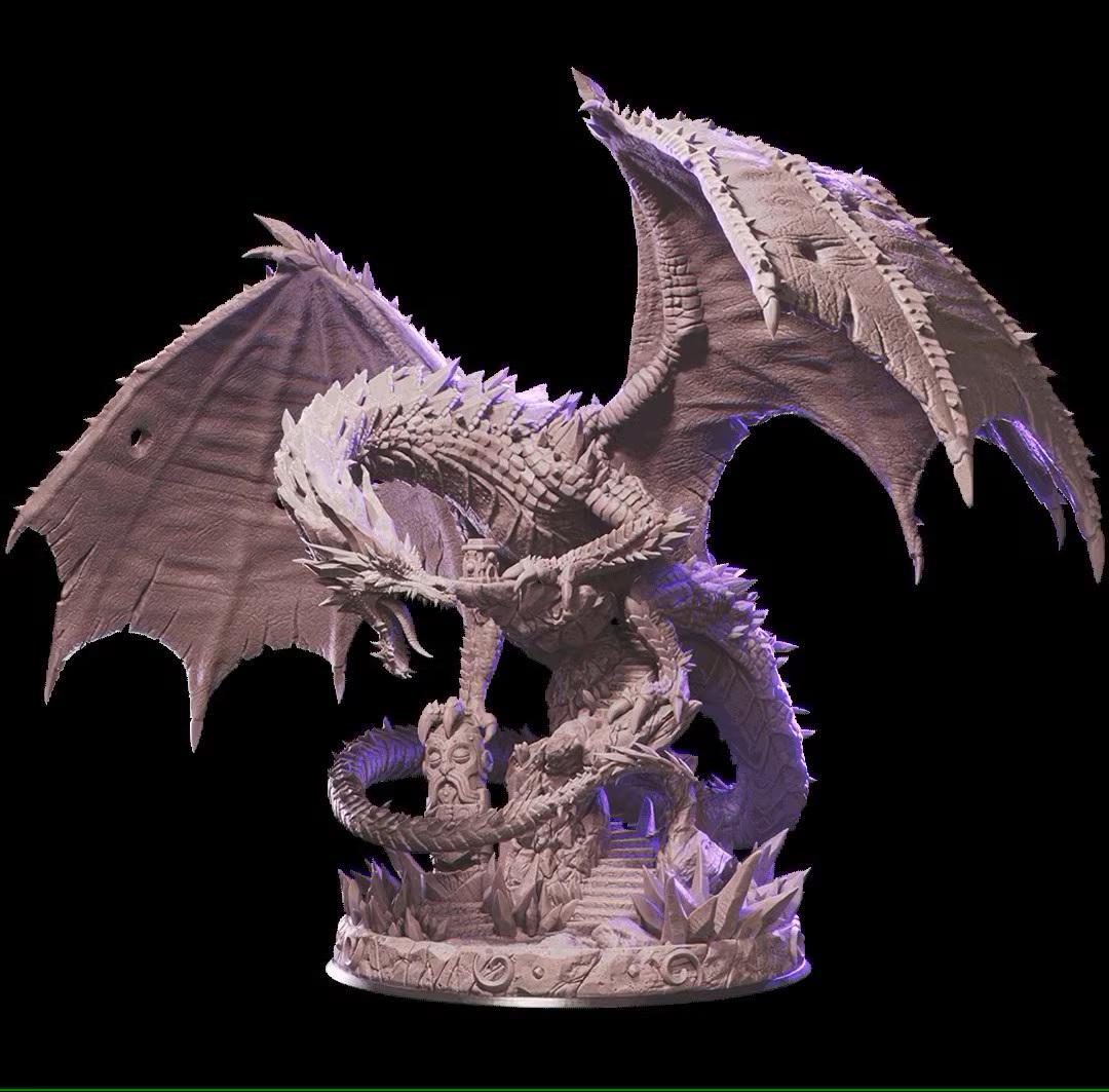 An unpainted fantasy dragon figurine on a circular base, shown against a solid black background. The dragon has detailed scales, large wings, and a coiled posture.