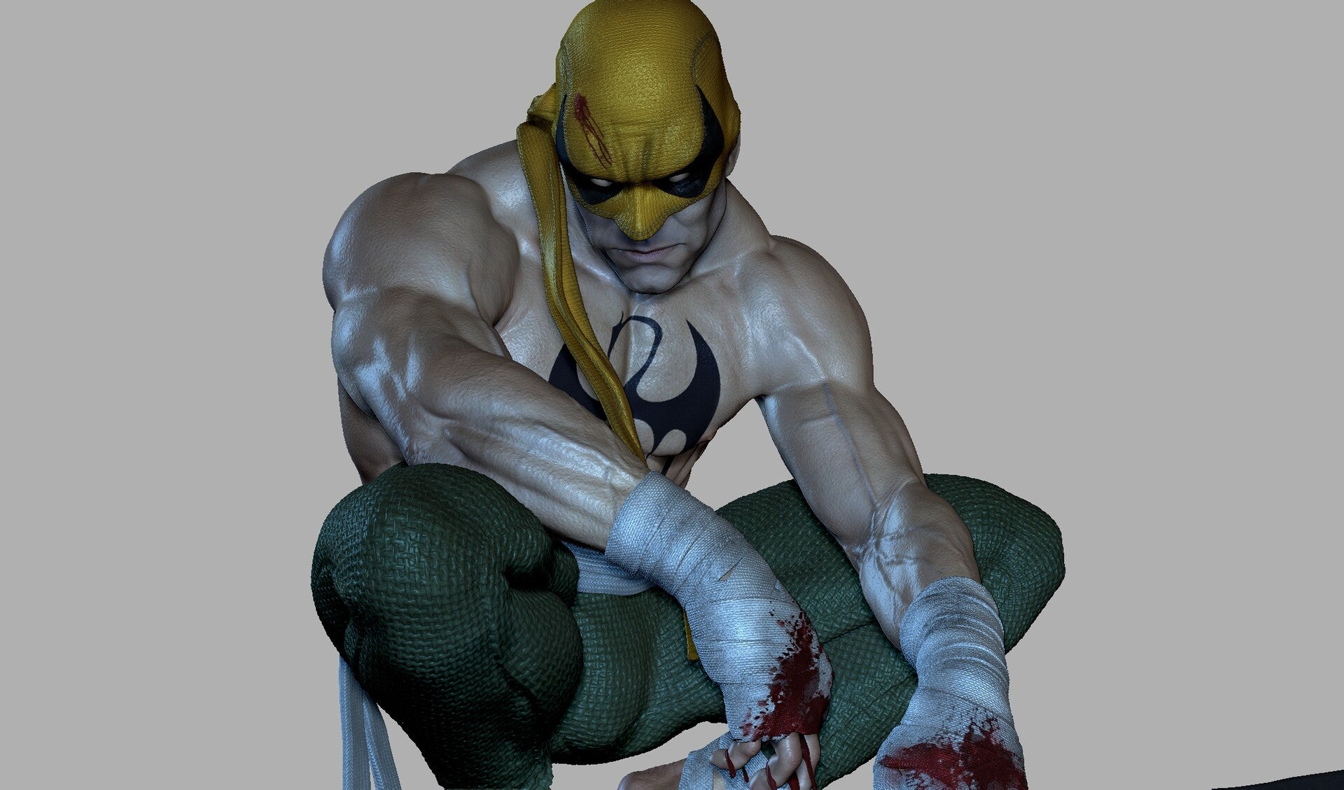 Animated character with yellow head and green outfit on a gray background