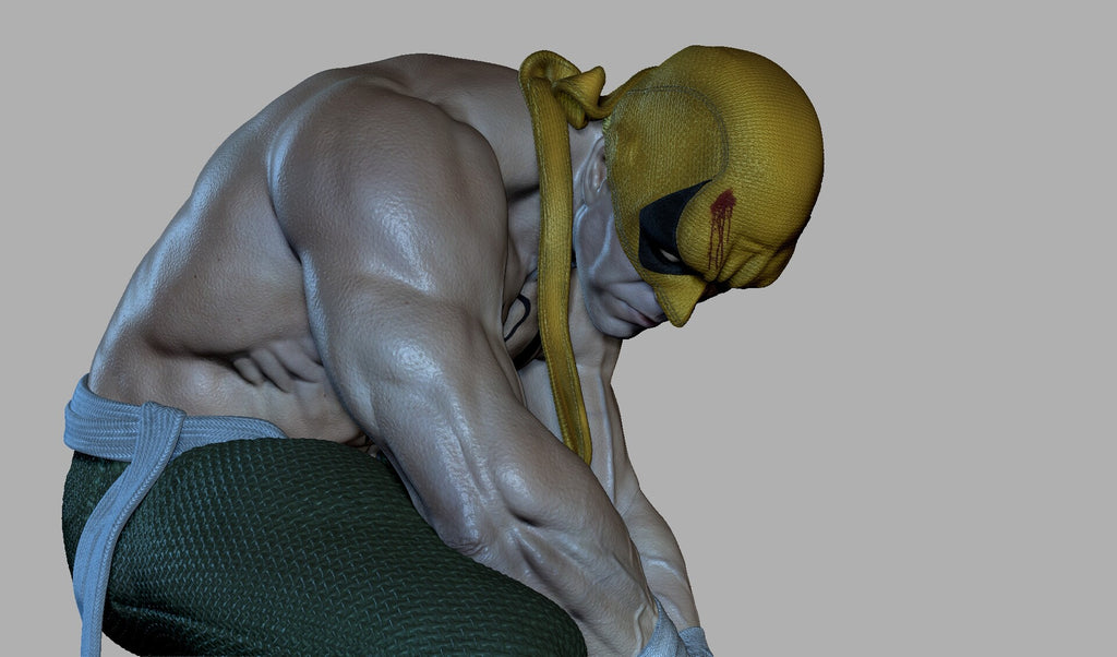Muscular figure with a yellow mask and green pants on a gray background