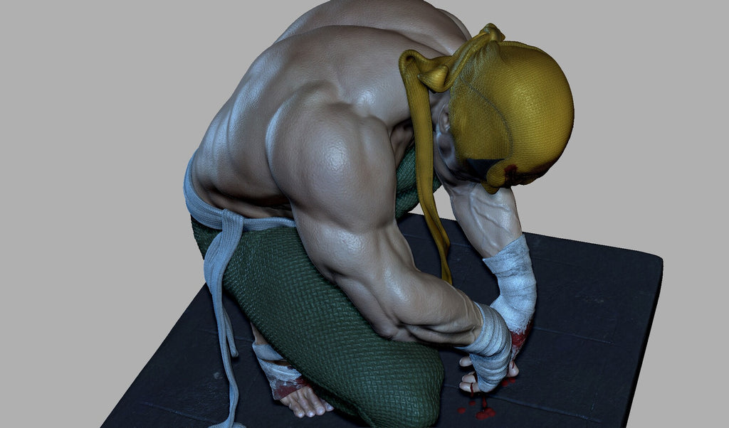 Muscular figure in a dynamic pose on a gray background