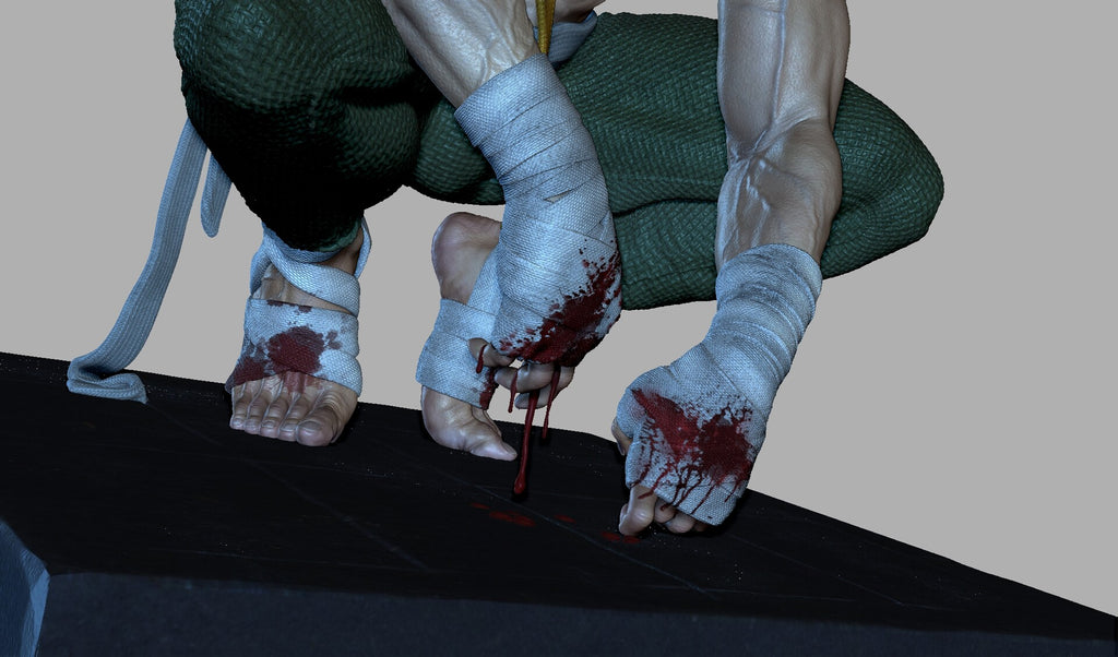 Animated character with bandaged feet and blood on a gray background