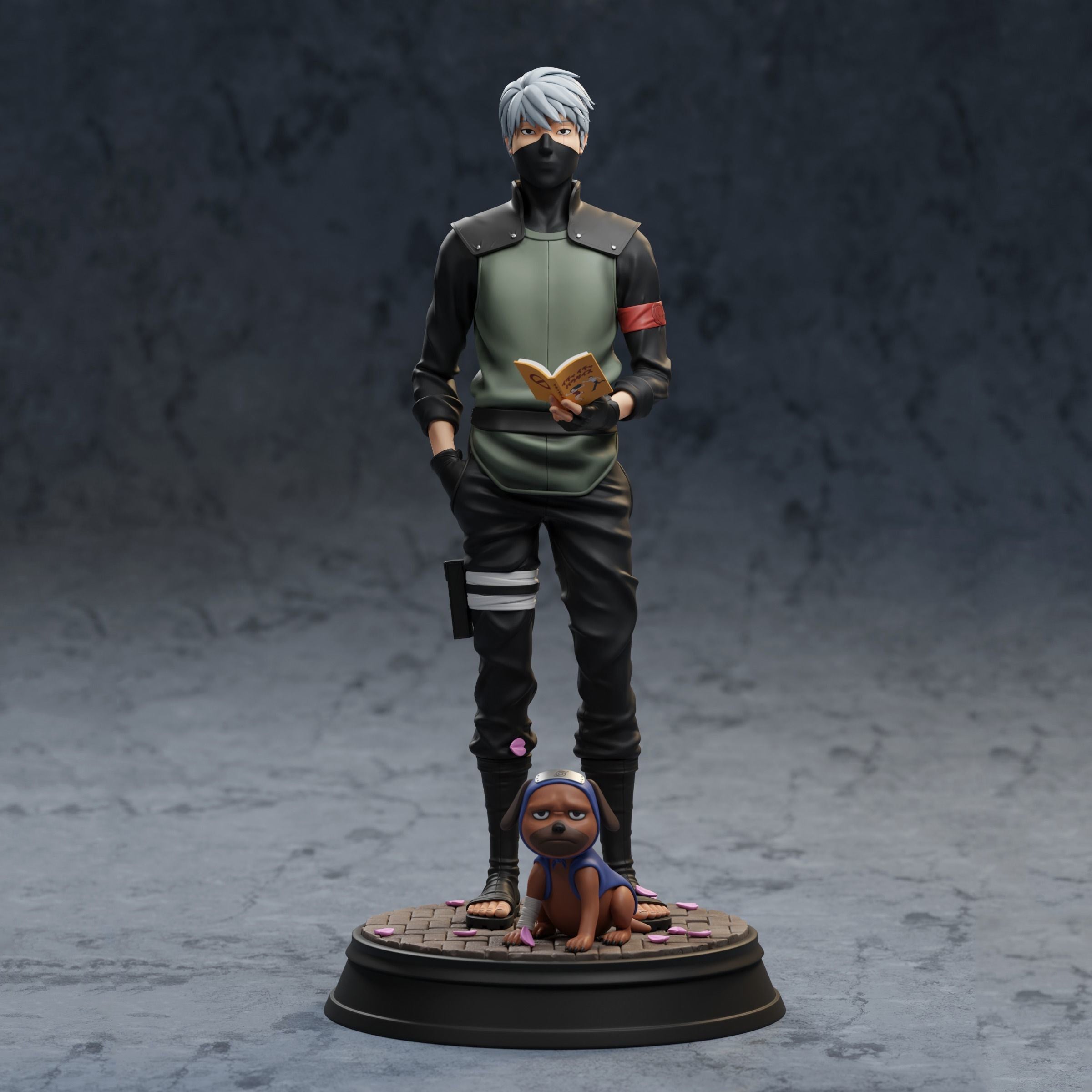 Statue of a character from an anime or manga with a small dog-like creature on a dark background