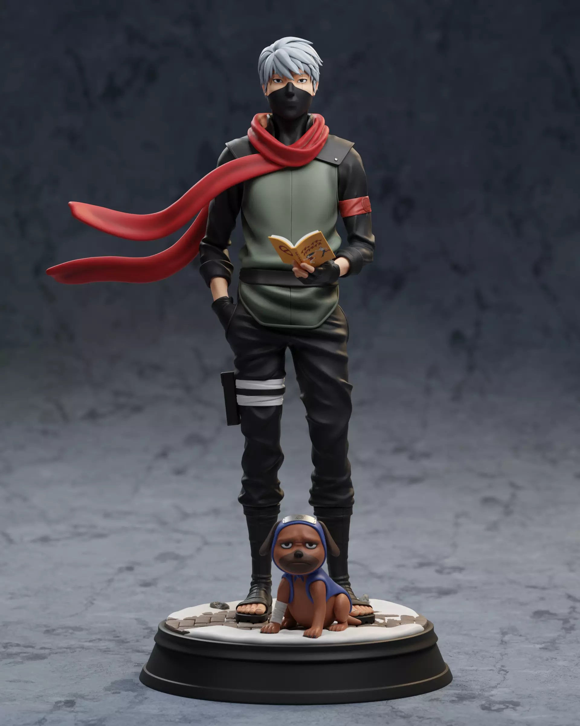 Statue of a character with a red scarf and black mask, holding a book, with a small dog on a stand against a dark background.