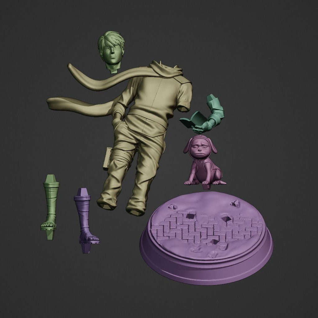 Unassembled action figure with parts on a dark background