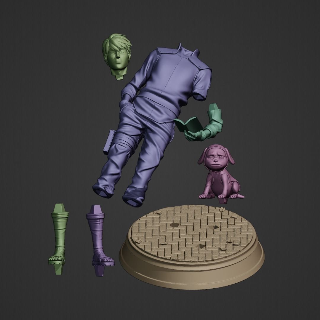 Model kit of a character with green hair and purple outfit, pink dog, and base on a dark background