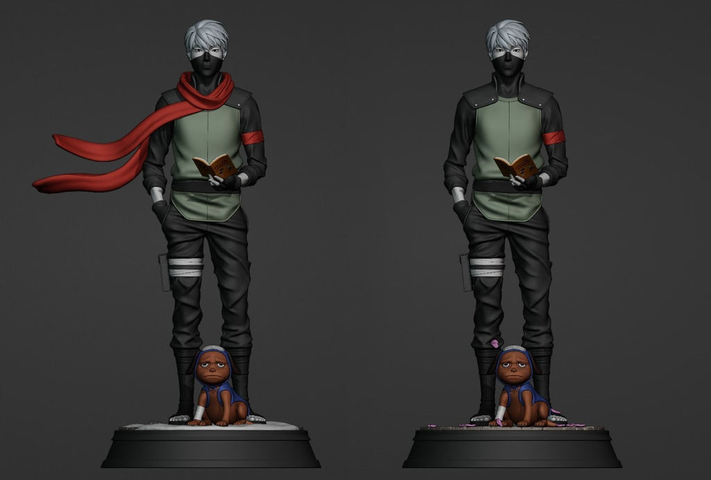 Two identical statues of a character with a red scarf and a child on a dark gray background