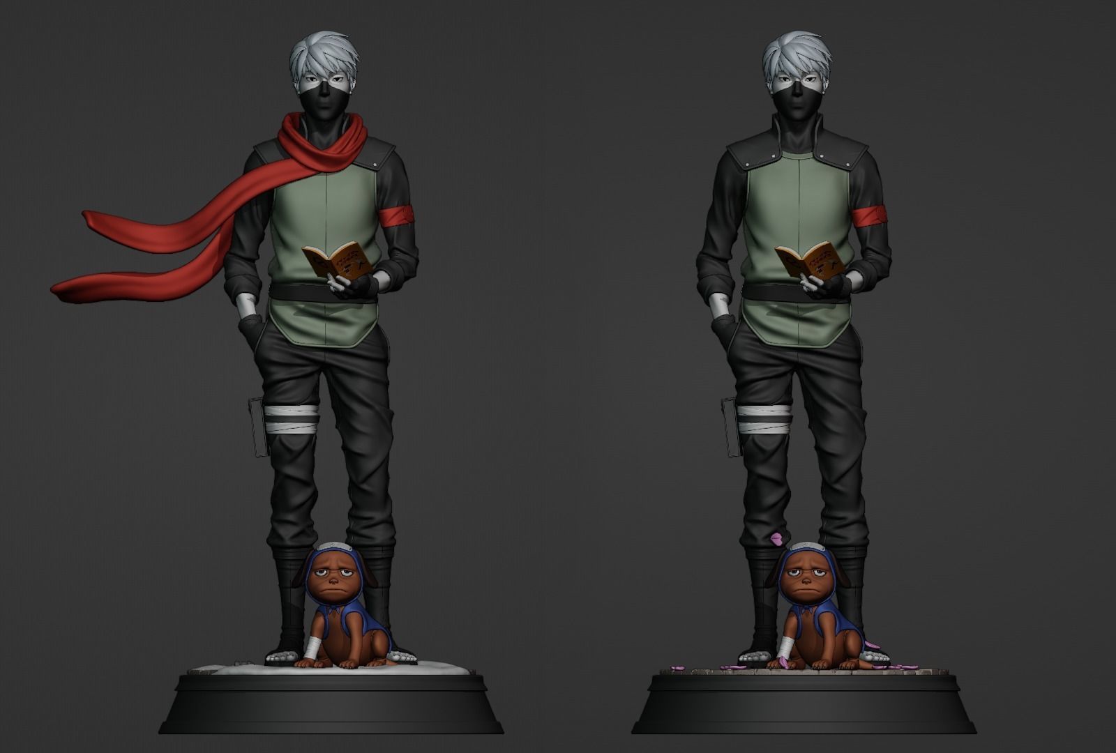 Two identical statues of a character with a red scarf and a child on a dark gray background