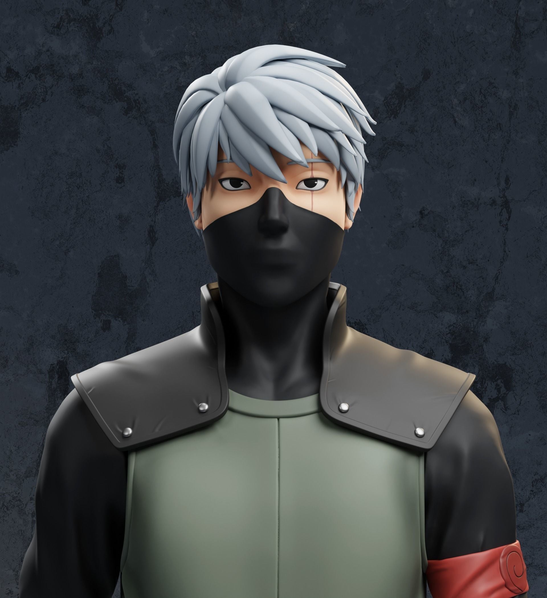 Character with gray hair and a black mask against a dark background