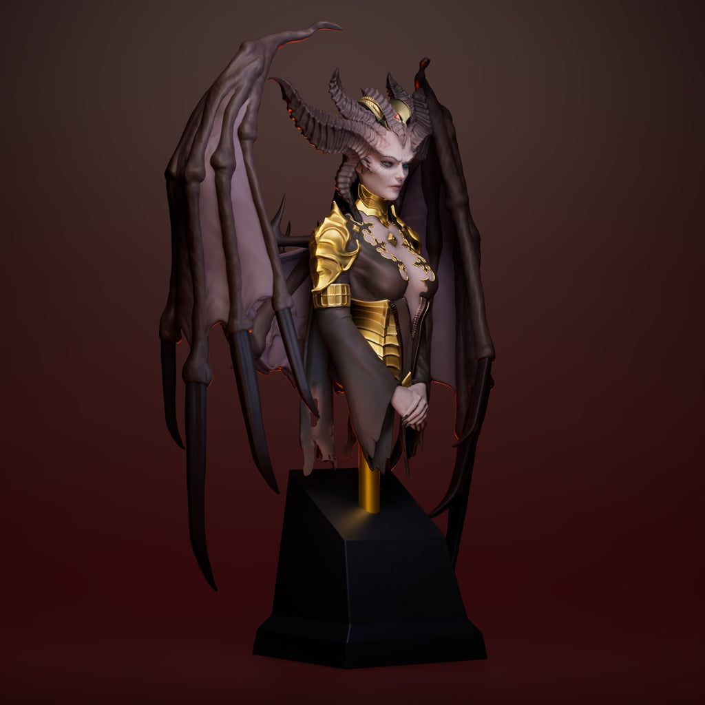 A 3D-rendered fantasy statue of a horned female demon or queen with large bat-like wings, gold armor, and a black base against a dark reddish-brown gradient background.