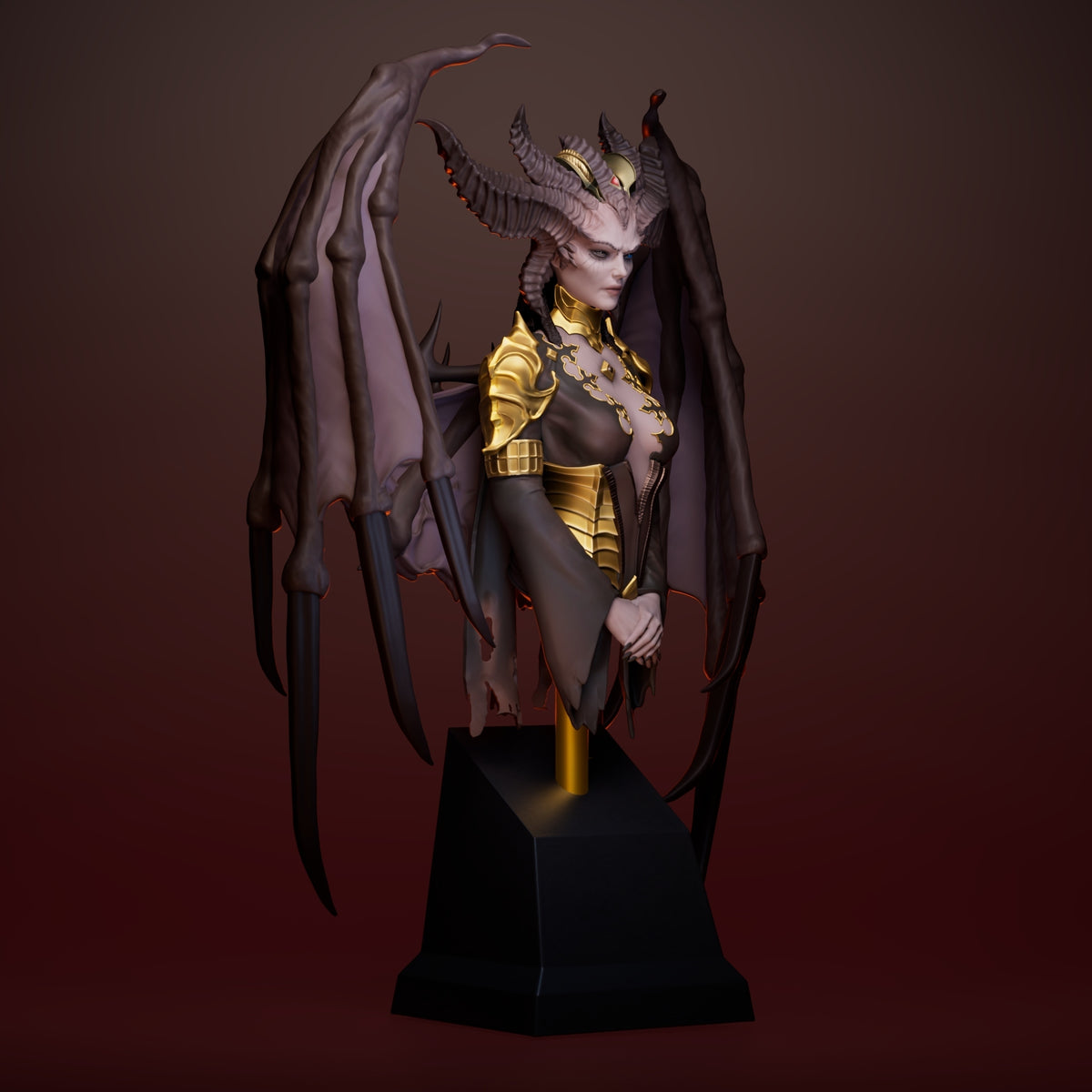 A 3D-rendered fantasy statue of a horned female demon or queen with large bat-like wings, gold armor, and a black base against a dark reddish-brown gradient background.