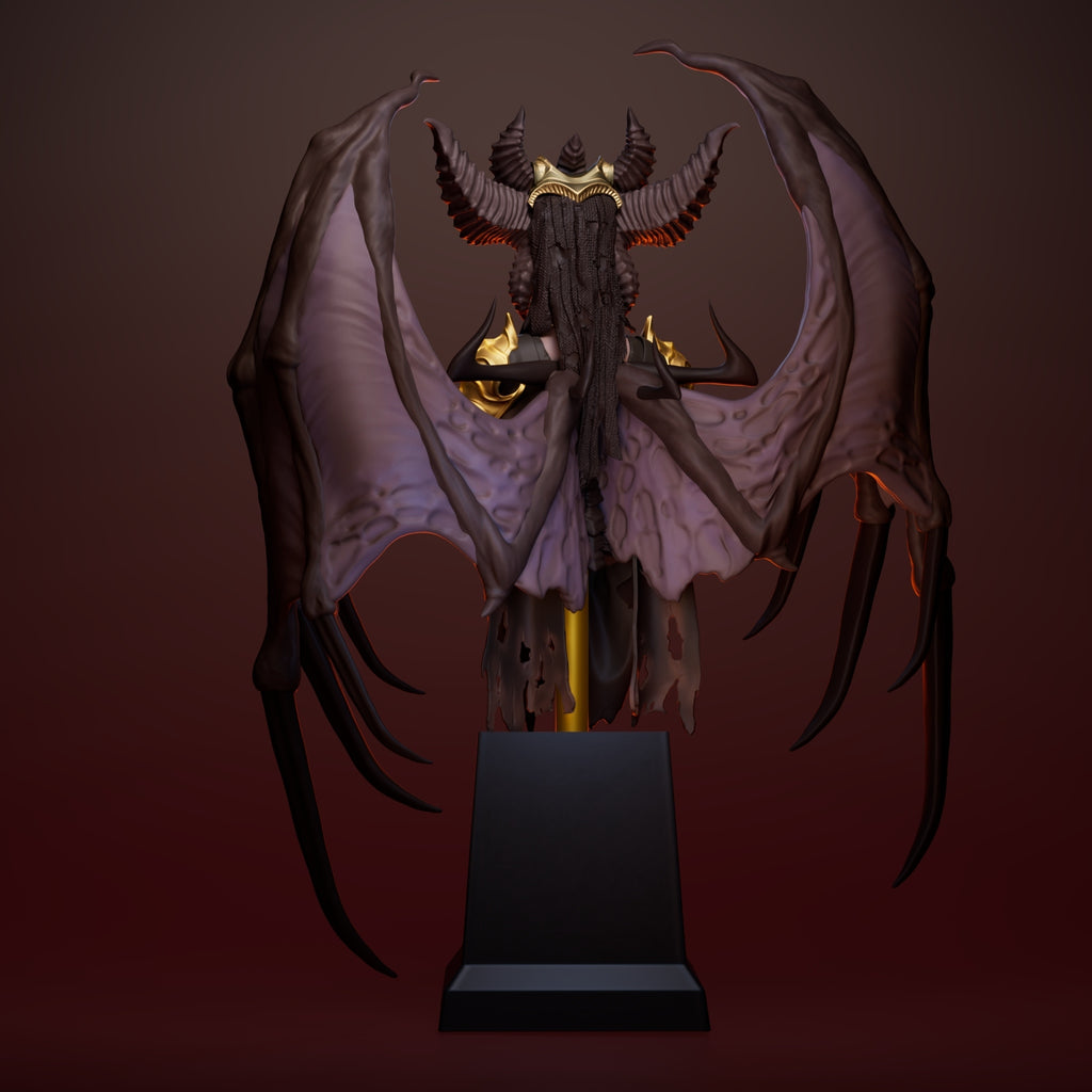 A 3D-rendered fantasy statue of a horned demon or dragon-like figure with large bat-like wings, dark armor, and gold accents, displayed on a black pedestal against a dark red-brown gradient background.
