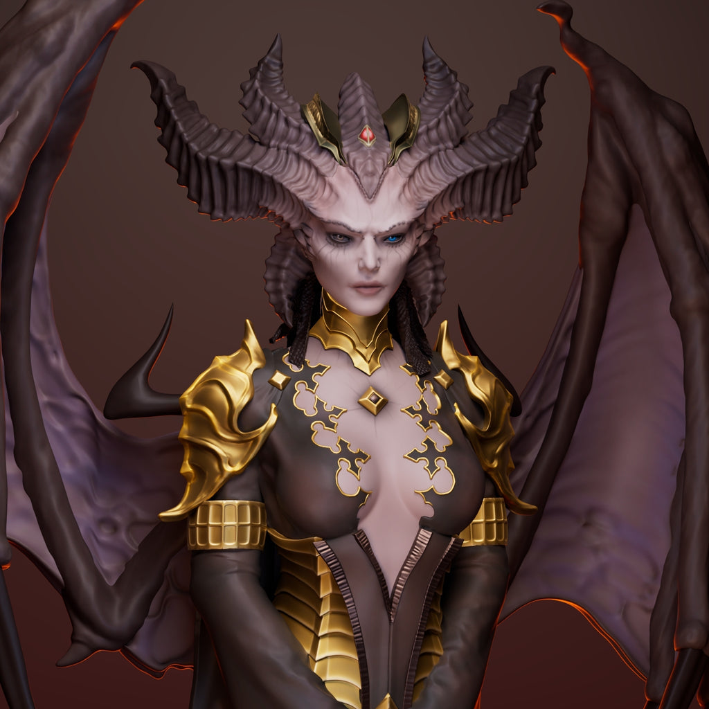 Fantasy female character figurine or 3D render with pale skin, large horned headpiece, dark wings, and ornate gold armor against a dark brown background.
