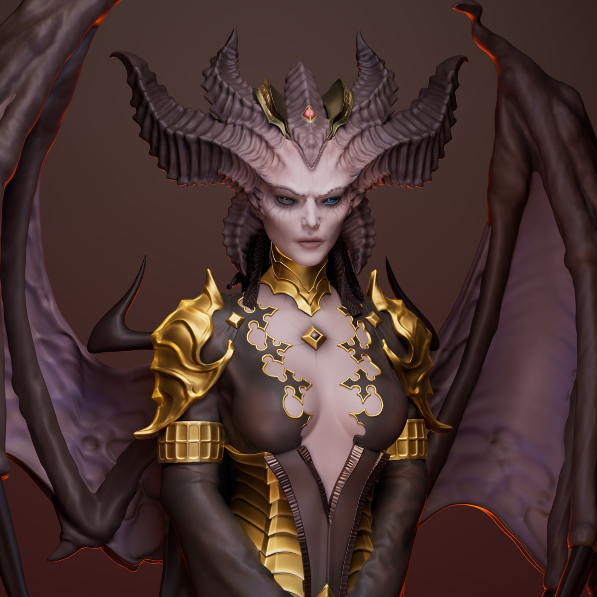 Fantasy female character figurine or 3D render with pale skin, large horned headpiece, dark wings, and ornate gold armor against a dark brown background.
