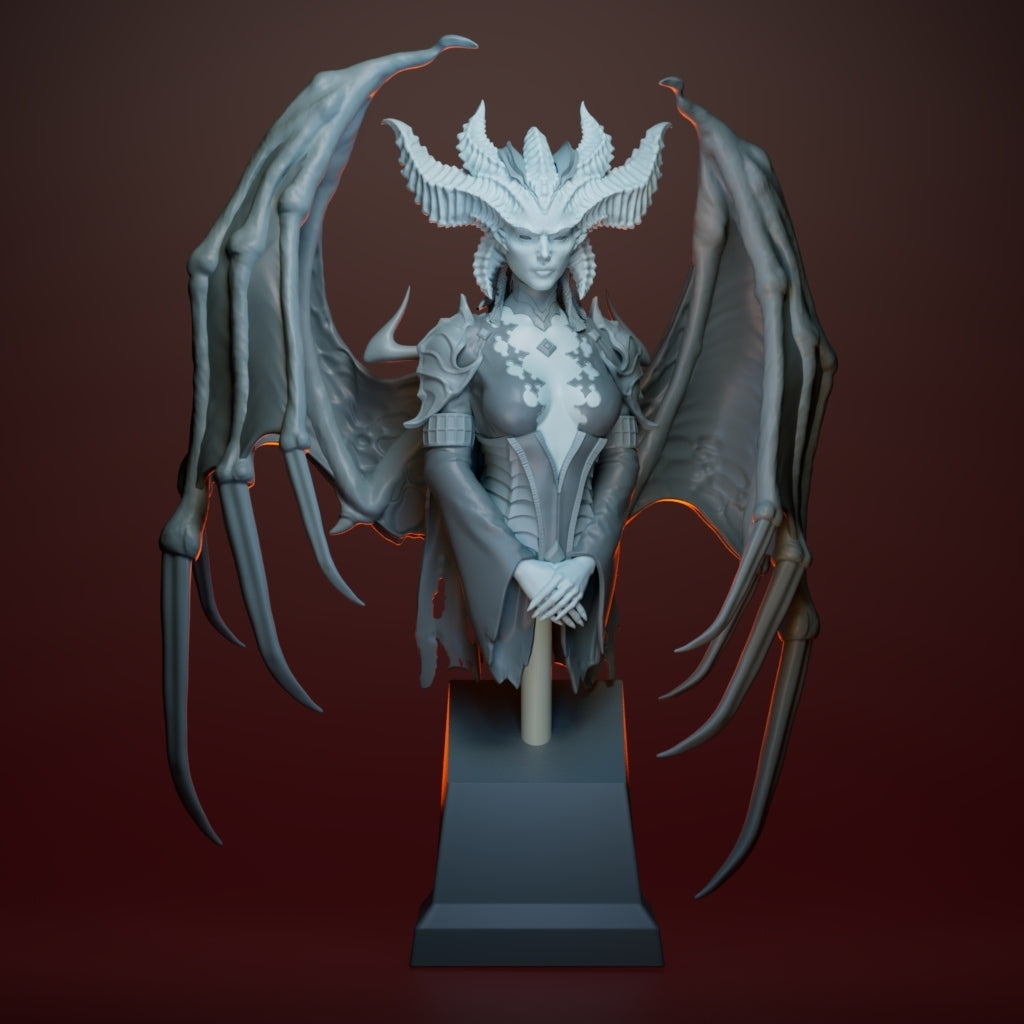 A 3D-rendered fantasy statue of a winged female figure with large bat-like wings, a horned headdress, and a dark pedestal, shown against a dark red gradient background.