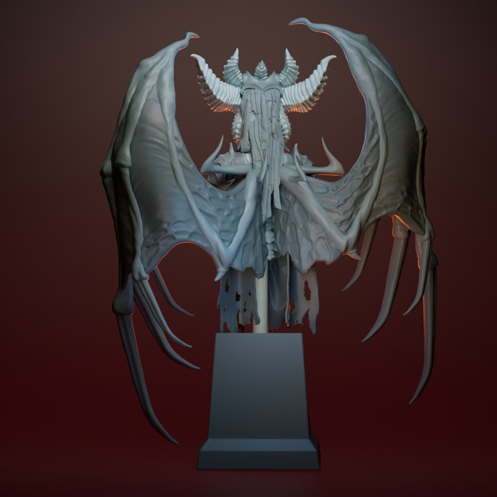 A 3D-rendered fantasy dragon skull sculpture with large spread wings and a horned skull motif on top, displayed on a pedestal against a dark red gradient background.