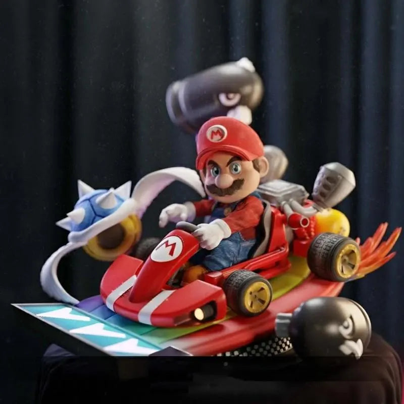 Toy figure of a character in a racing kart with a black background