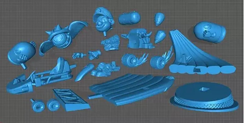 Collection of blue 3D-printed model parts on a grid background