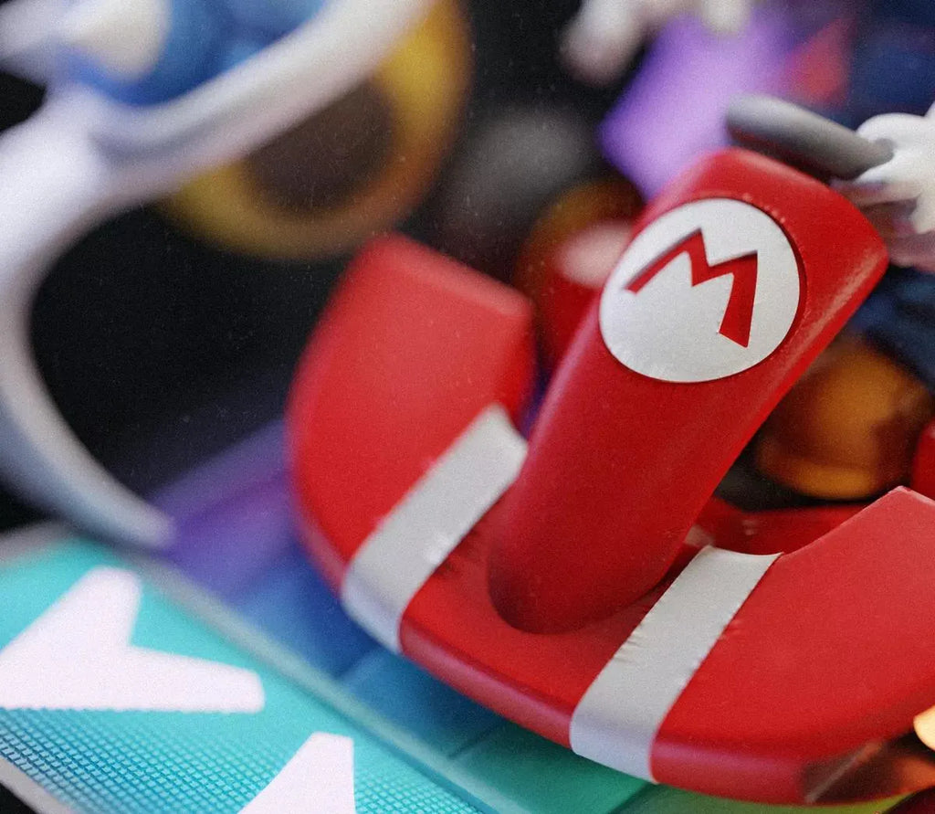 Close-up of a red and white character shell with a logo, likely from a video game, on a colorful background.