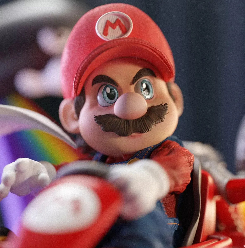 Close-up of a Mario toy figure with a red cap and mustache, holding a rainbow-colored object.