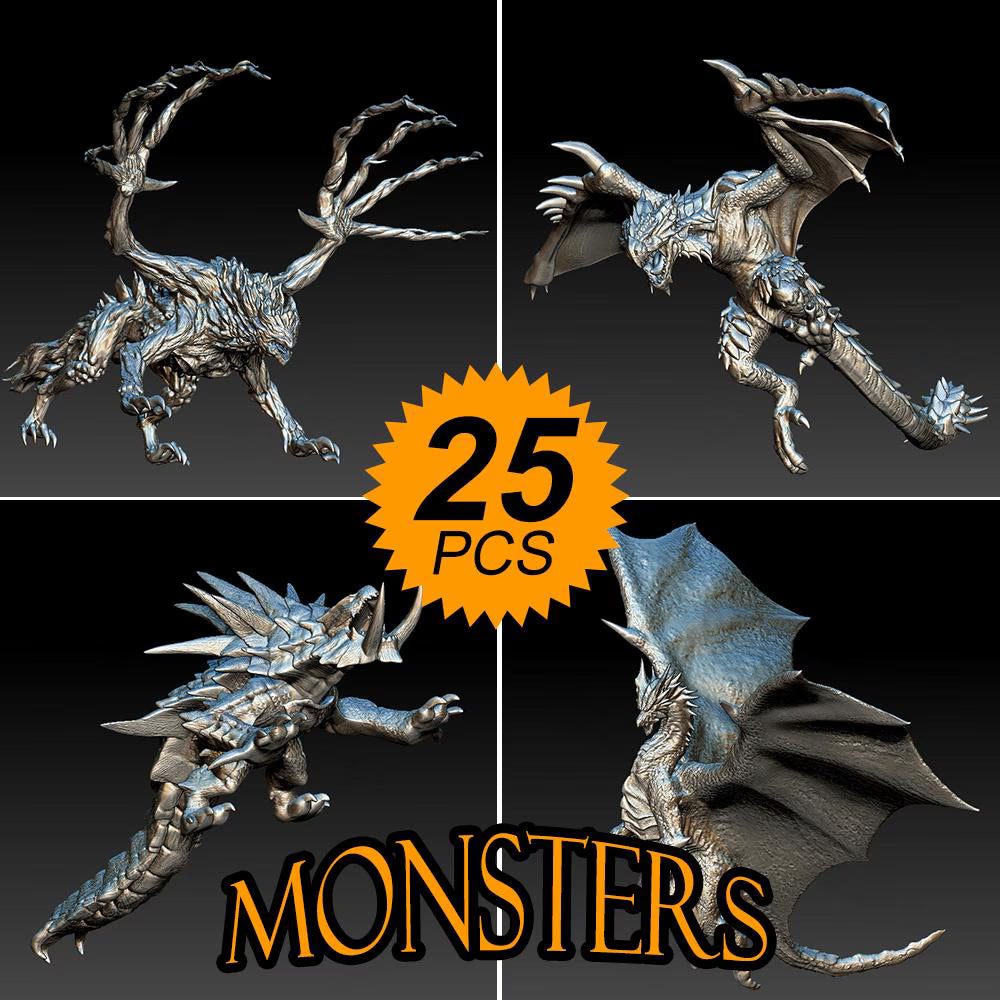 Pack of 25 Monster Hunter Dragons 3D Stl File, 3D Printable Statues Design