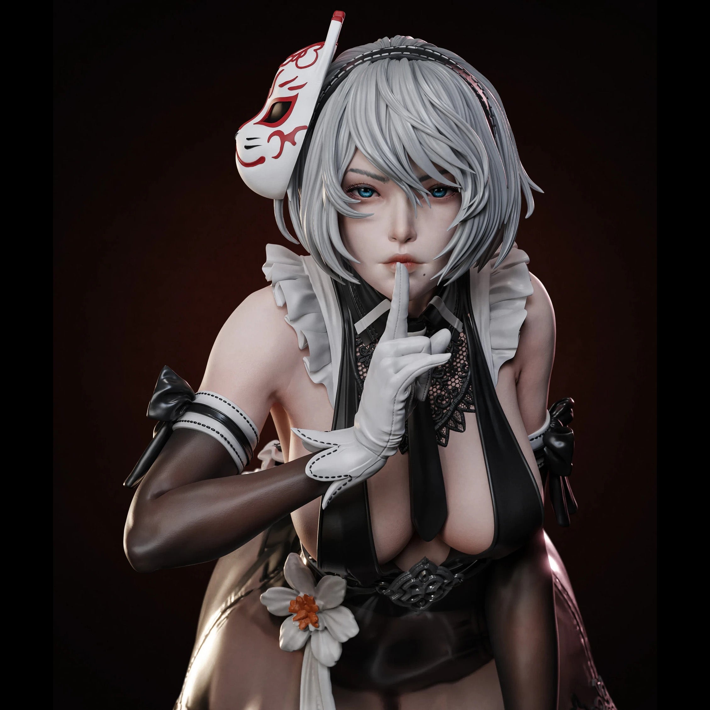 Character with white hair and fox mask on a dark background