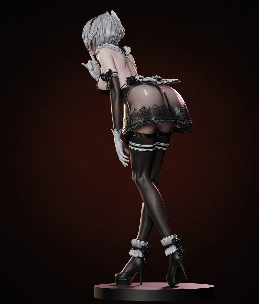 Statue of a character in a maid outfit against a dark background