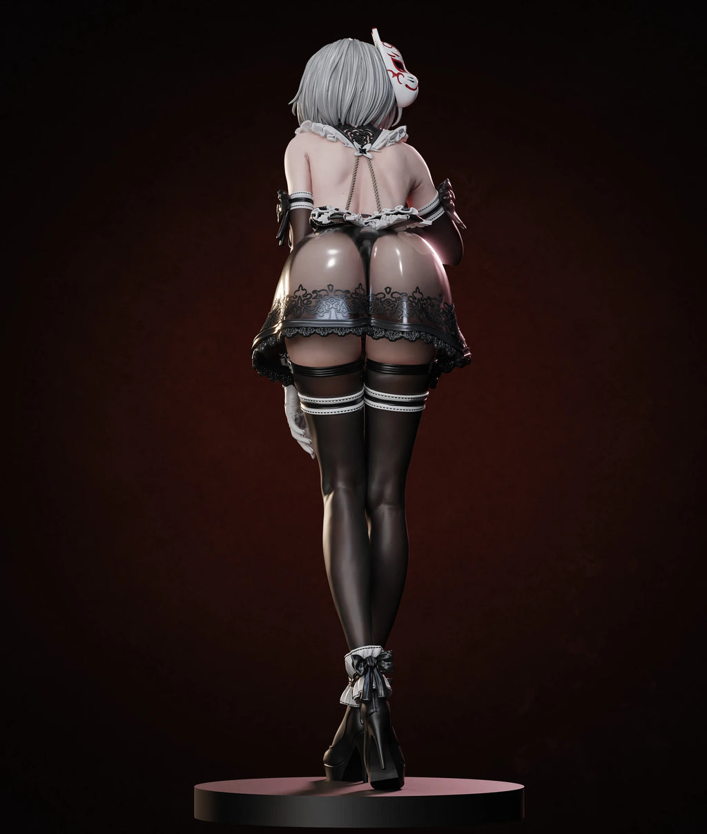 Statue of a character in a revealing outfit on a dark background