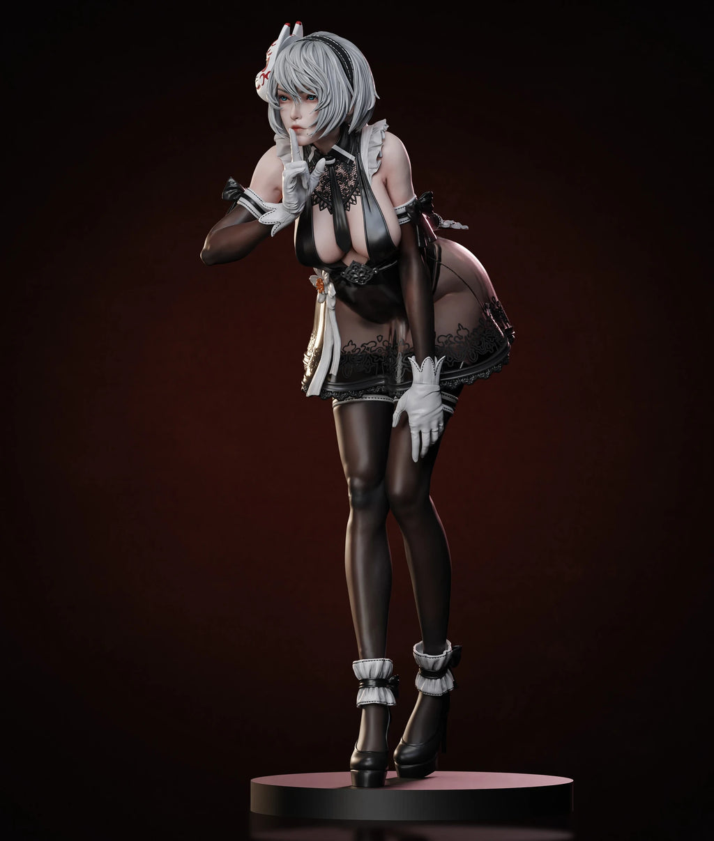 Statue of a character in a revealing outfit on a dark background