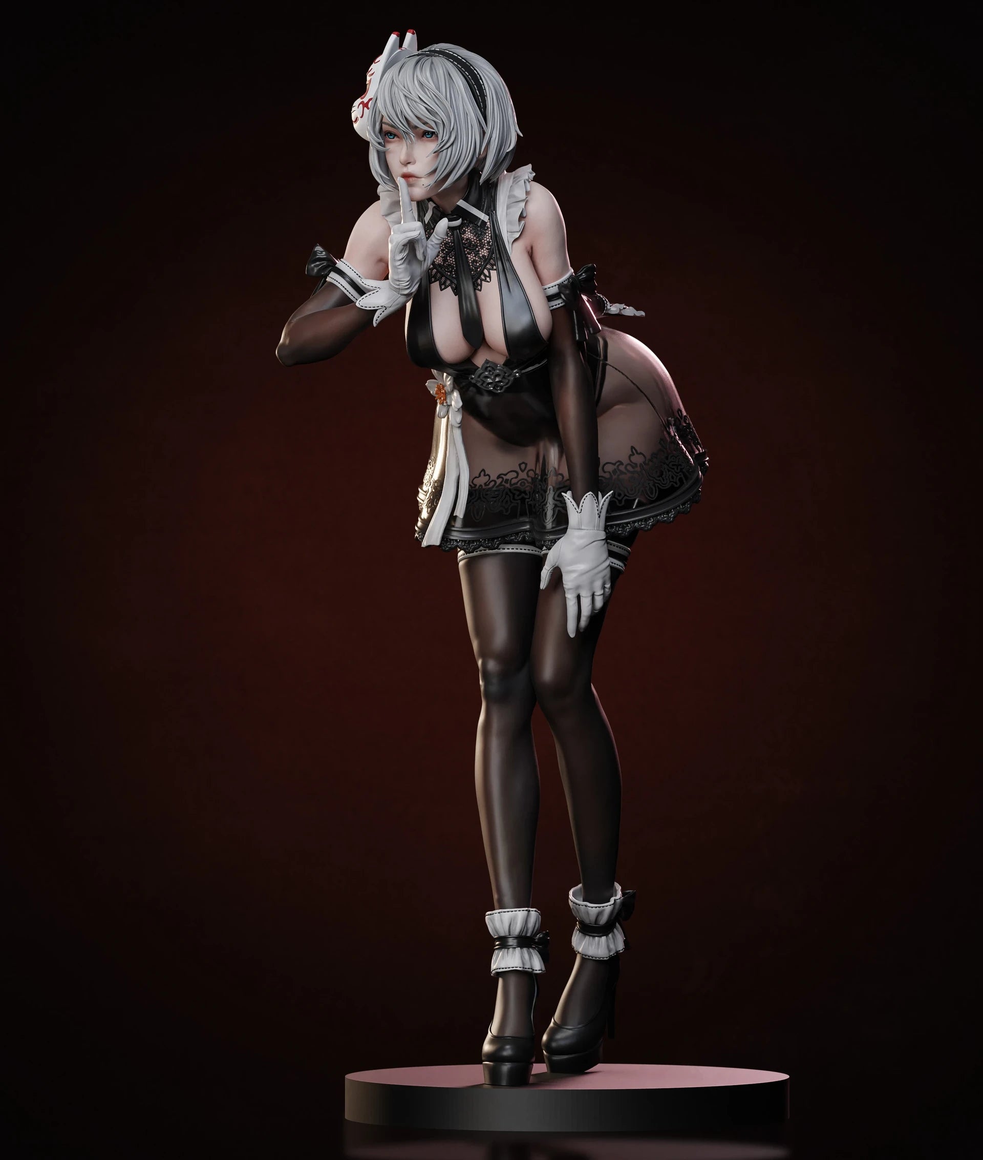 Statue of a character in a revealing outfit on a dark background