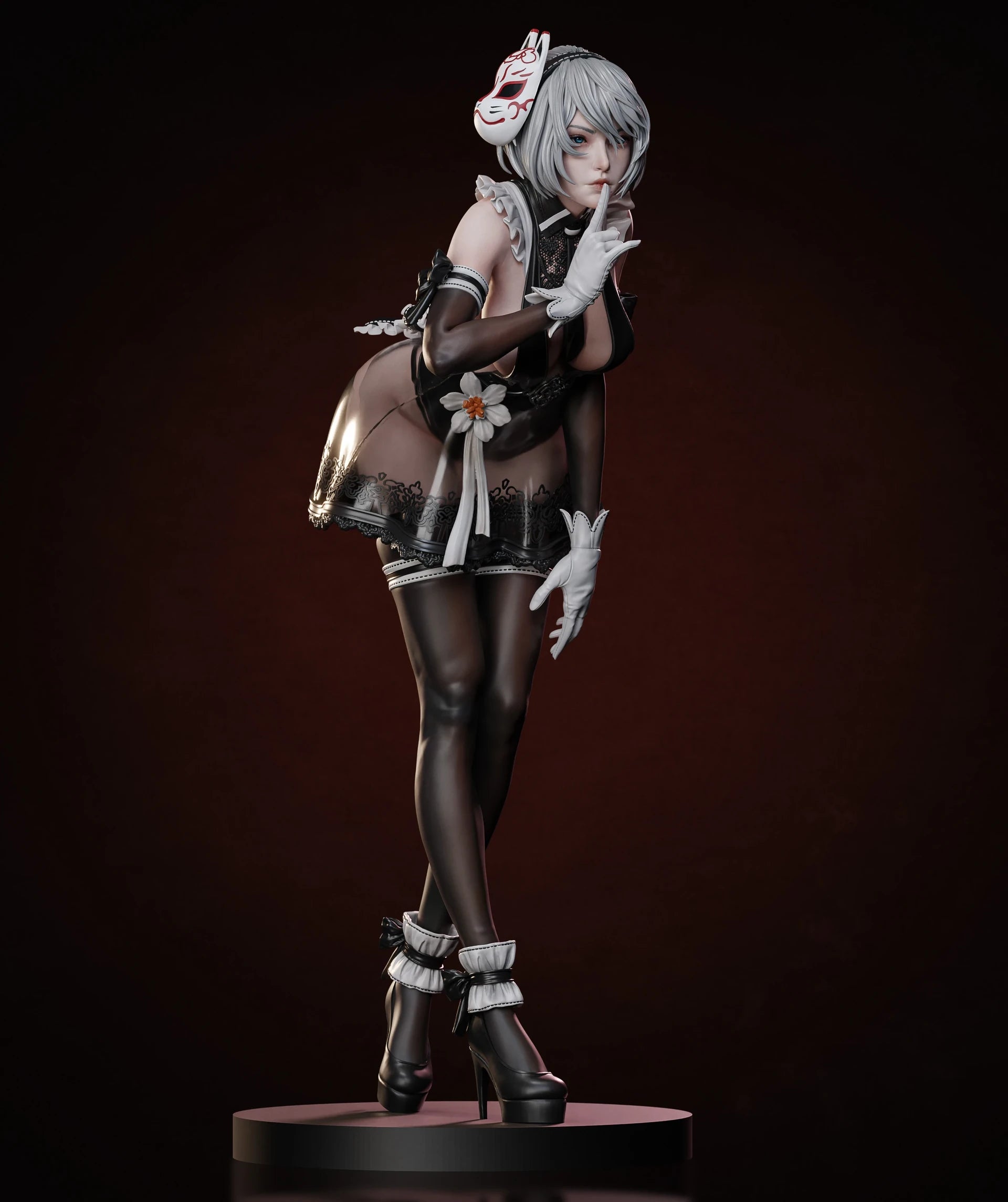 Statue of a character in a detailed outfit with a dark background