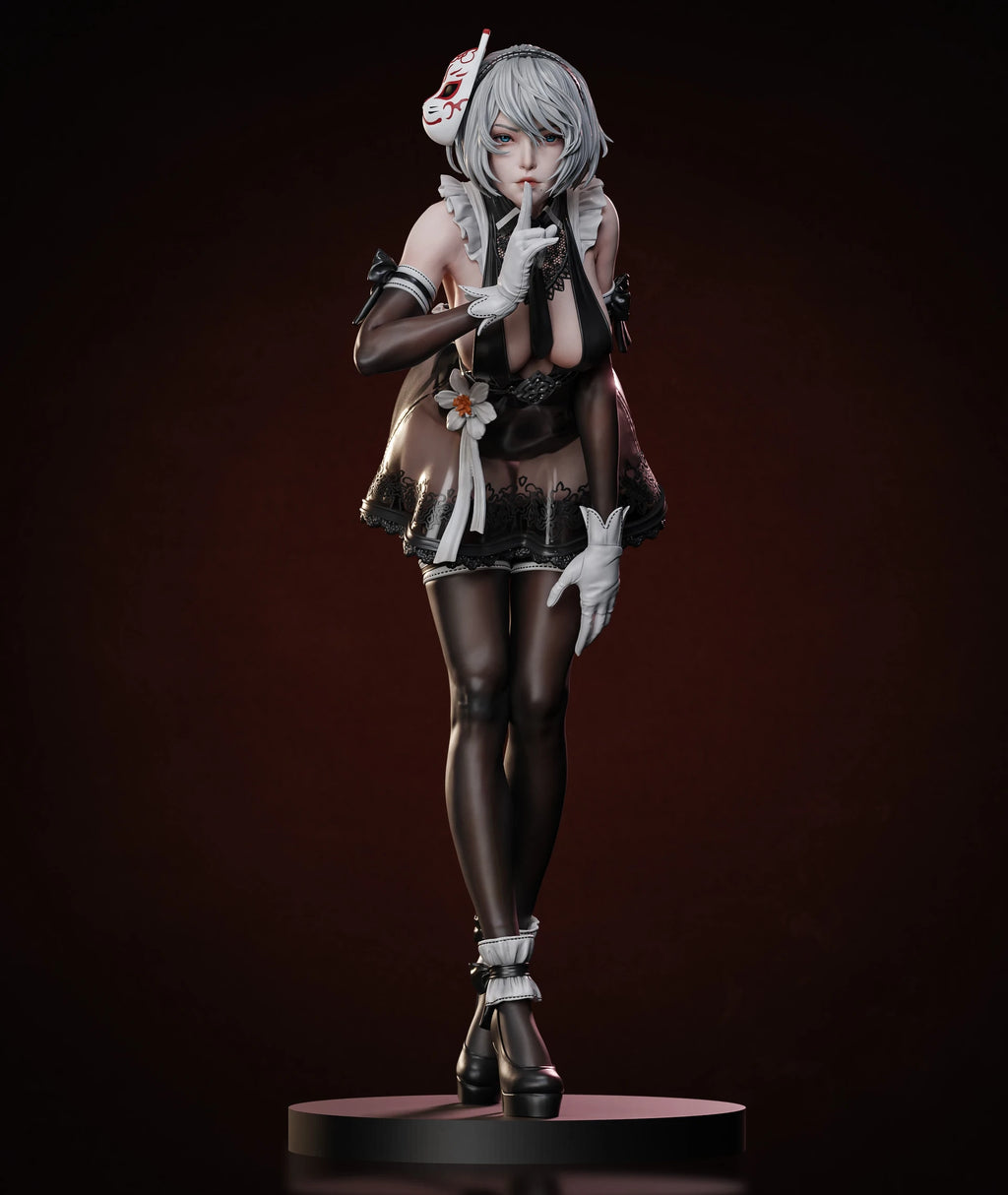 Statue of a character in a detailed outfit on a dark background