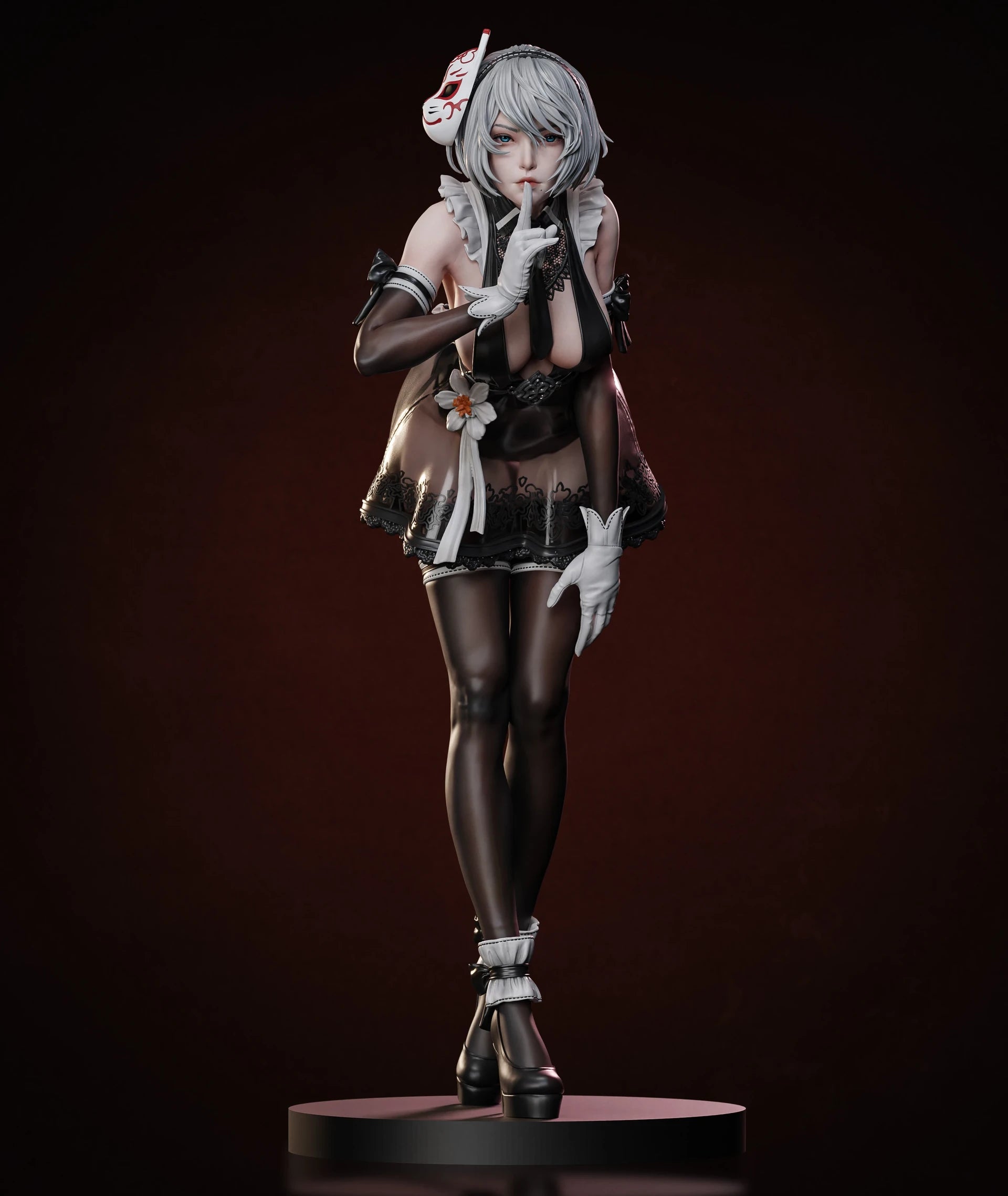 Statue of a character in a detailed outfit on a dark background