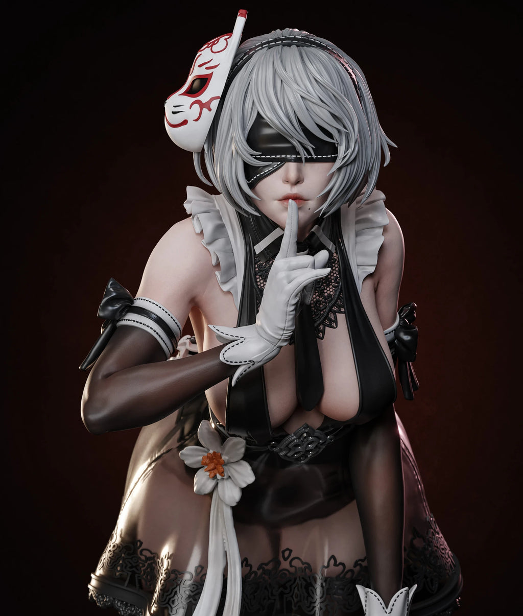 Statue of a character with white hair and black clothing, holding a white glove to their lips against a dark background.