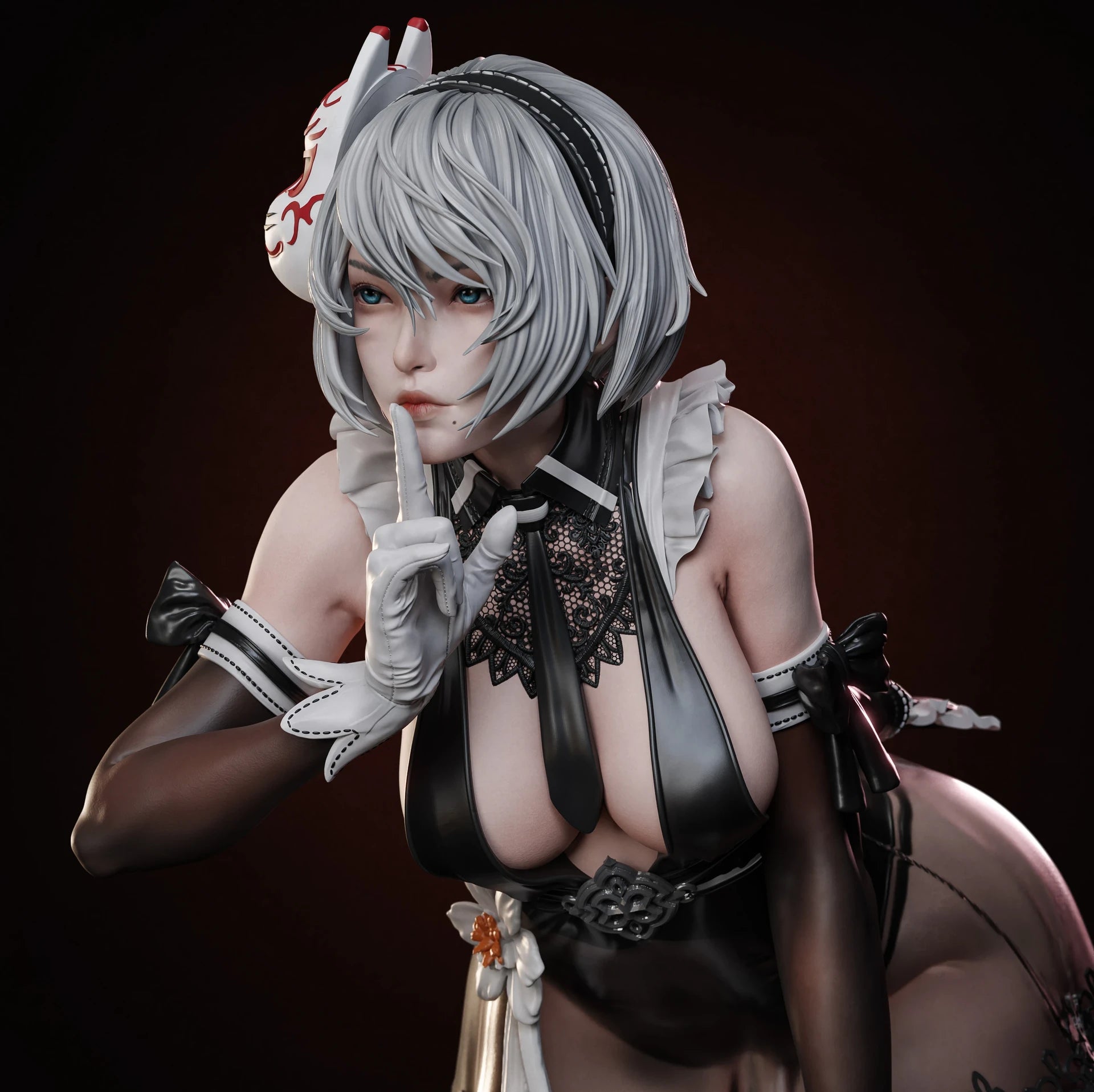 Character with white hair and a black outfit making a 'shh' gesture on a dark background