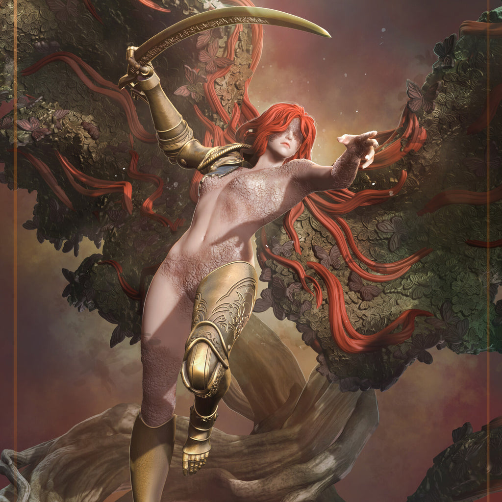 Fantasy artwork of a nude woman with long red hair and gold armor, holding a curved sword and reaching forward, set against a dramatic cosmic and tree-like background.