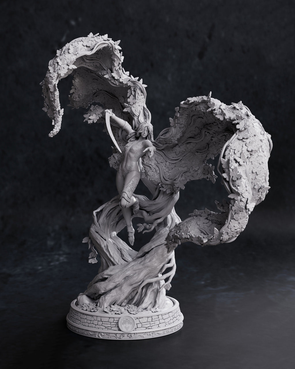A monochrome sculpture of a nude female figure emerging from swirling, tree-like forms on a circular base, photographed against a dark studio background.