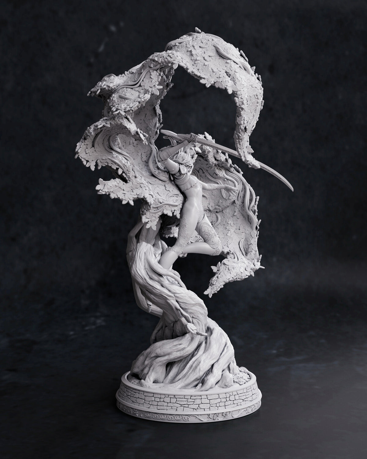 A monochrome 3D-printed figurine of a fantasy female warrior climbing a gnarled tree trunk, set against a dark textured background.