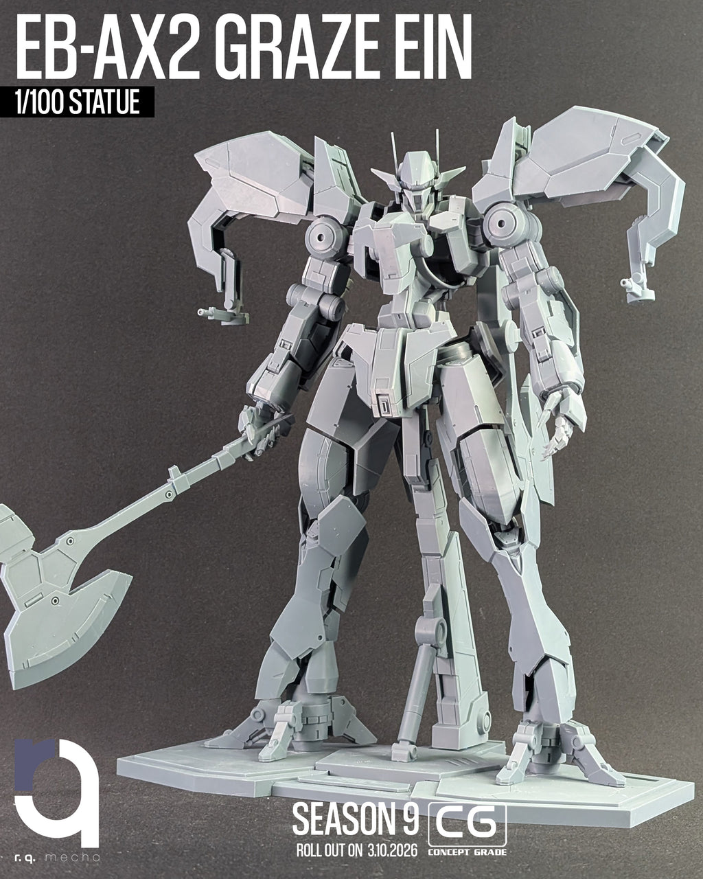 A 1/100 scale model statue of the EB-AX2 Graze Ein mecha from Gundam, shown in a light gray unpainted resin. The figure is depicted holding a large battle axe and standing on a display base against a dark gray background, with promotional text overlays and logos for CG Concept Grade and Macro.