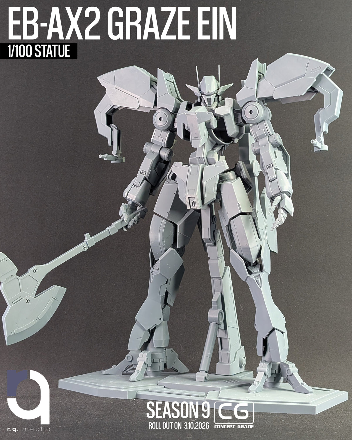 A 1/100 scale model statue of the EB-AX2 Graze Ein mecha from Gundam, shown in a light gray unpainted resin. The figure is depicted holding a large battle axe and standing on a display base against a dark gray background, with promotional text overlays and logos for CG Concept Grade and Macro.