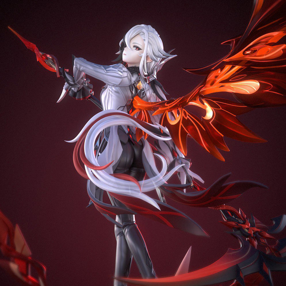 Animated character with fiery wings and a sword on a dark background