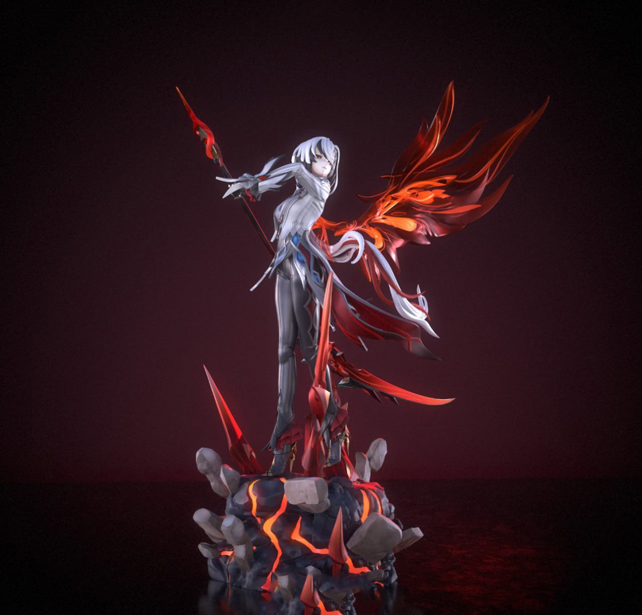 Detailed figurine with fiery elements on a dark background