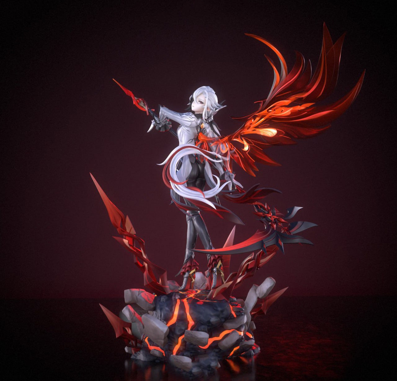 Detailed figurine with fiery design on a dark background