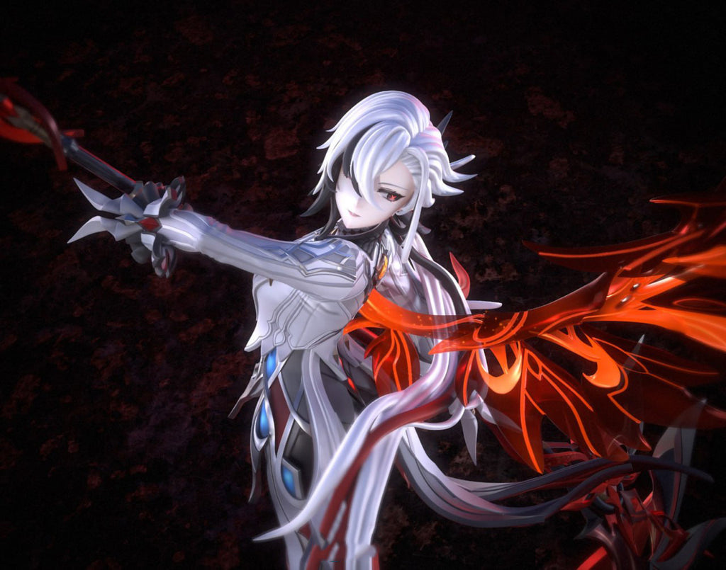 Animated character with white hair and red flames on a dark background