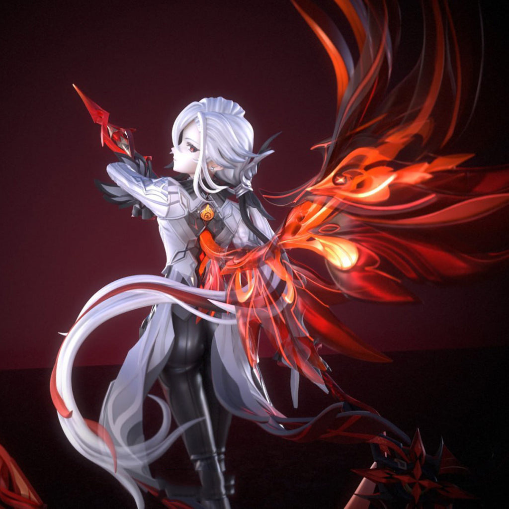 Animated character with white hair and red and orange wings against a dark background