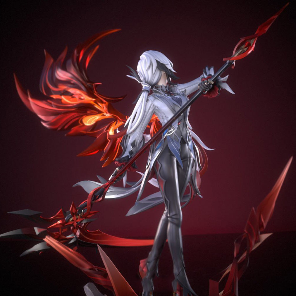 Animated character with white hair and red accents holding a weapon against a dark background