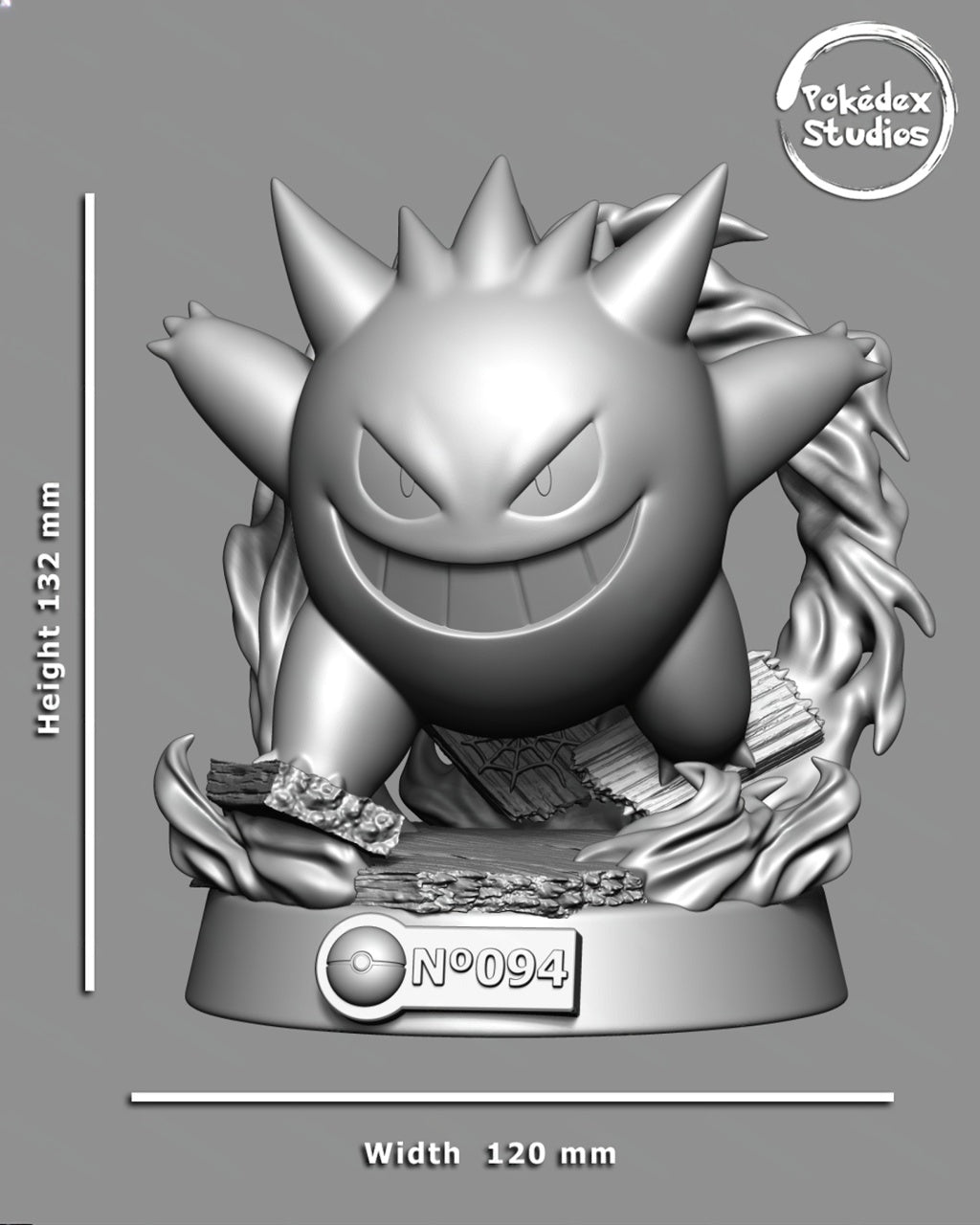 Pokémon figure with measurements on a gray background
