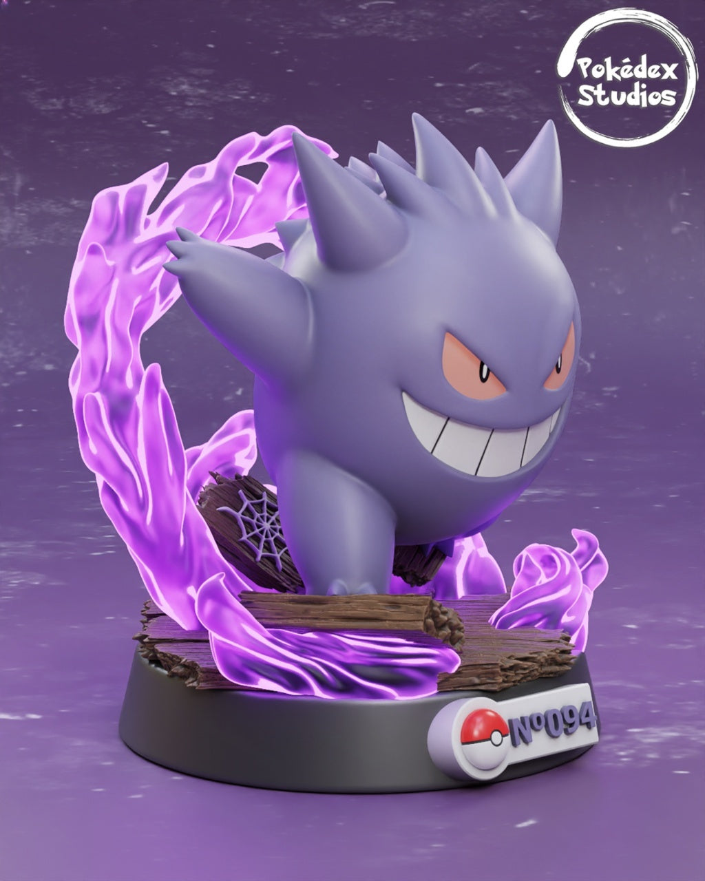 Gengar figurine with purple energy effects on a dark background, featuring Pokédex Studios logo.