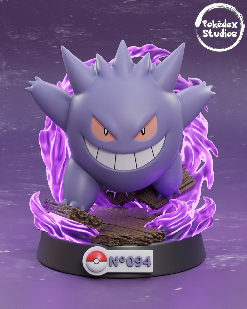 Gengar figurine with glowing purple energy on a dark background, featuring Pokédex Studios logo.